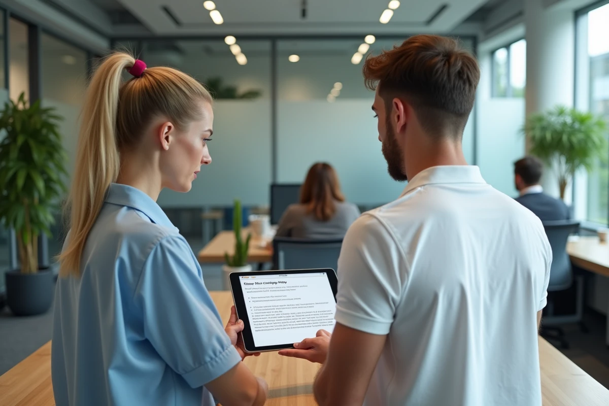 Deux collègues examinant les conditions d'utilisation et la politique de droits d'auteur d'une plateforme en ligne