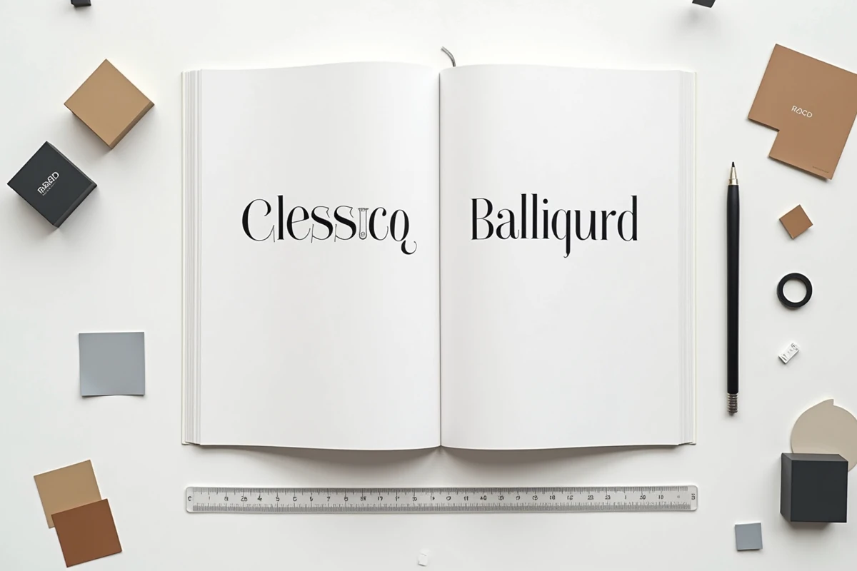 Comparaison de logotypes serif et sans-serif dans des guides d'identité visuelle posés à plat