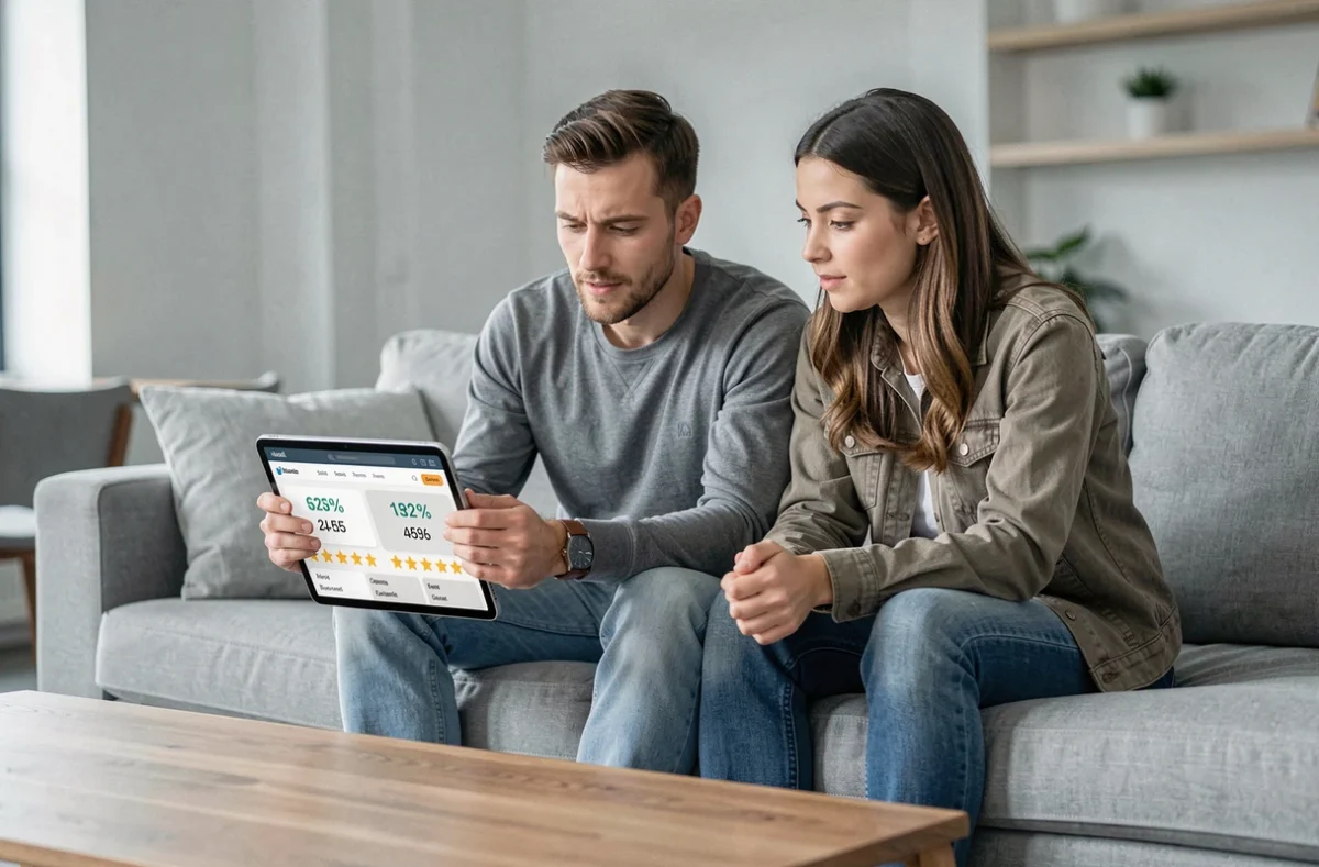 Deux adultes comparant des sites de lecture musicale en ligne sur une tablette dans un salon moderne