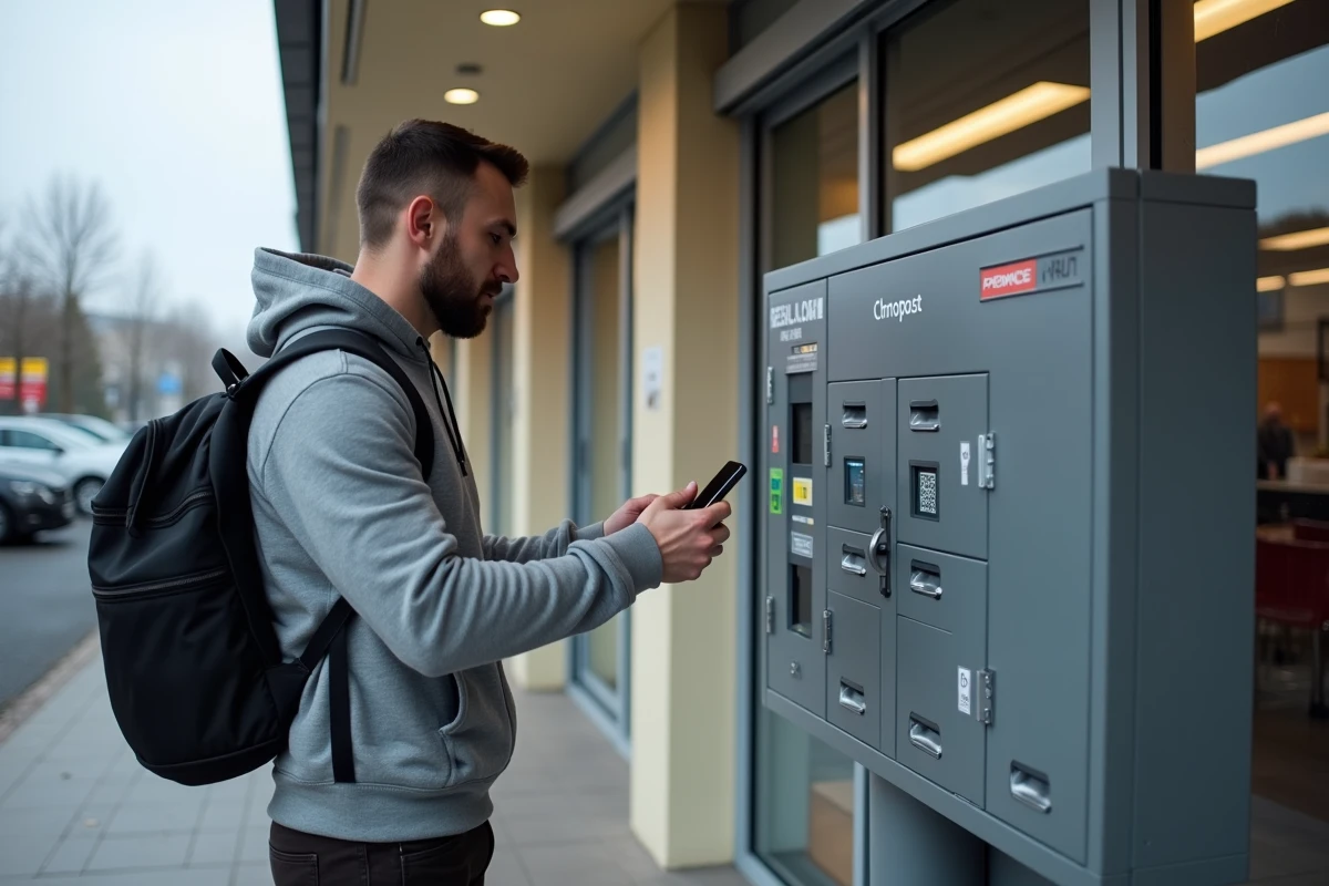 Homme déposant un colis dans une consigne Chronopost automatique devant un supermarché
