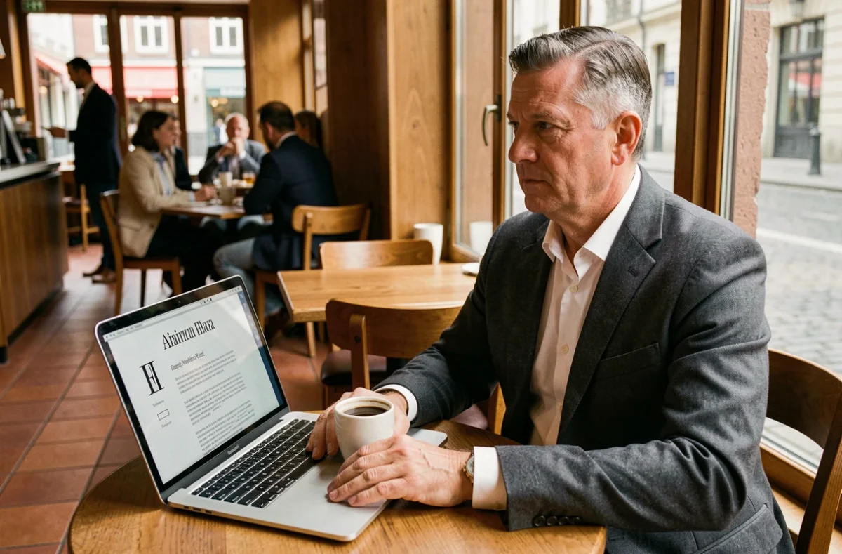 Consultant en costume gris travaillant sur un document avec des polices professionnelles dans un café urbain élégant