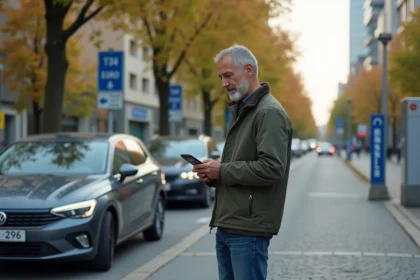 Homme devant une voiture lors d'un contrôle Euro 6 en ville