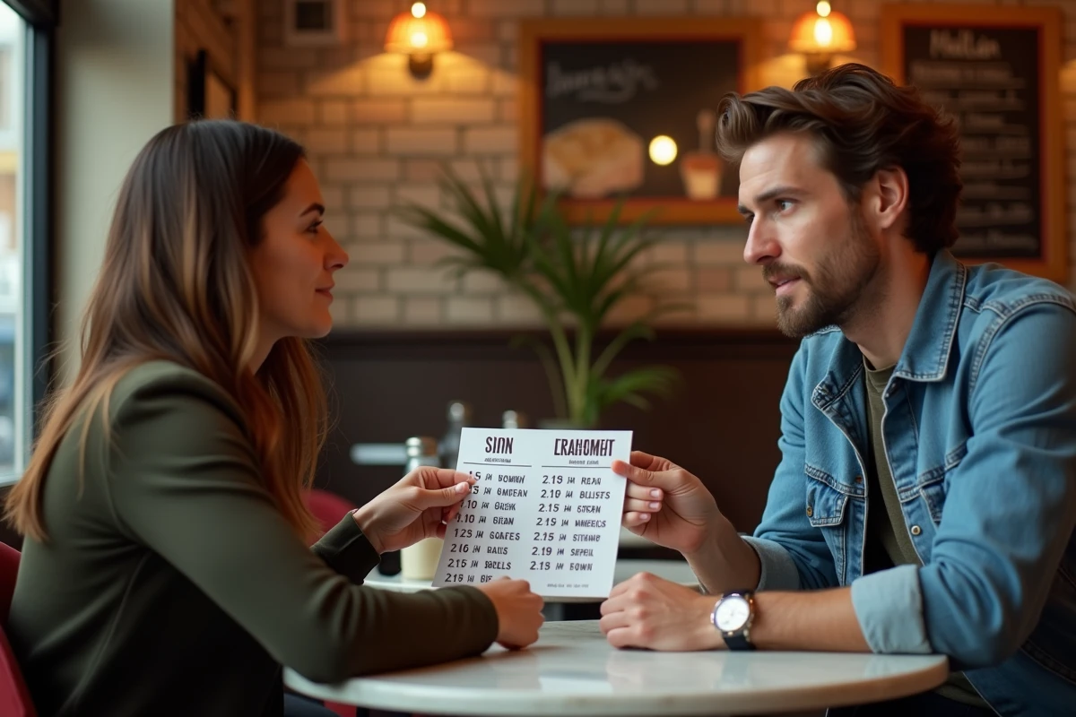 Deux personnes dans un café discutant d'un tableau horaire bilingue anglais-français montrant des heures comme 10pm et 22h, illustrant la conversion des heures entre les deux systèmes