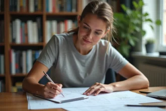 Femme écrivant des formules de conversion de mètres carrés en centimètres carrés dans un carnet sur un bureau en bois