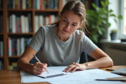 Femme écrivant des formules de conversion de mètres carrés en centimètres carrés dans un carnet sur un bureau en bois