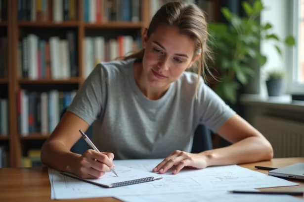 Femme écrivant des formules de conversion de mètres carrés en centimètres carrés dans un carnet sur un bureau en bois