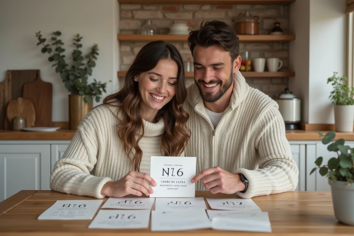 Couple de futurs mariés choisissant des faire-part avec des dates en chiffres romains autour d'une table en bois dans une cuisine rustique