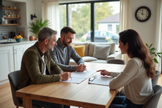 Couple en discussion de documents immobiliers à la maison