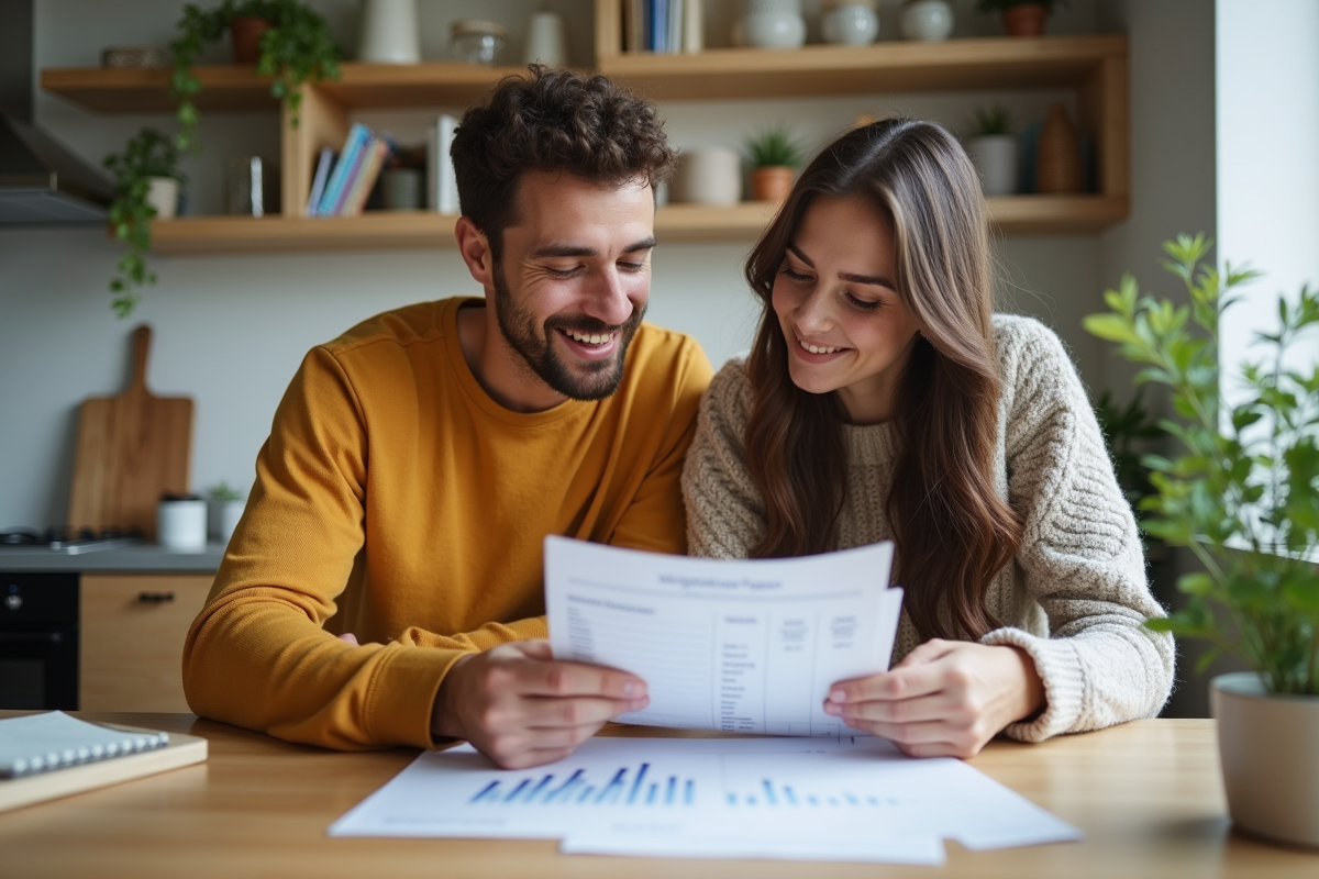 Jeune couple analysant une fiche de taux immobilier à la maison