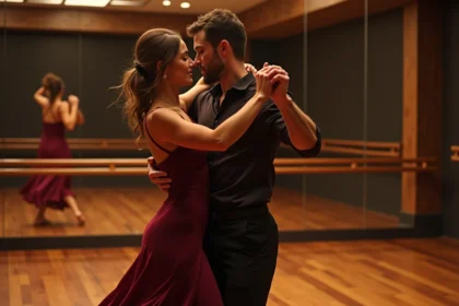 Couple dansant le zouk en studio avec une prise en main classique, style fluide et élégant