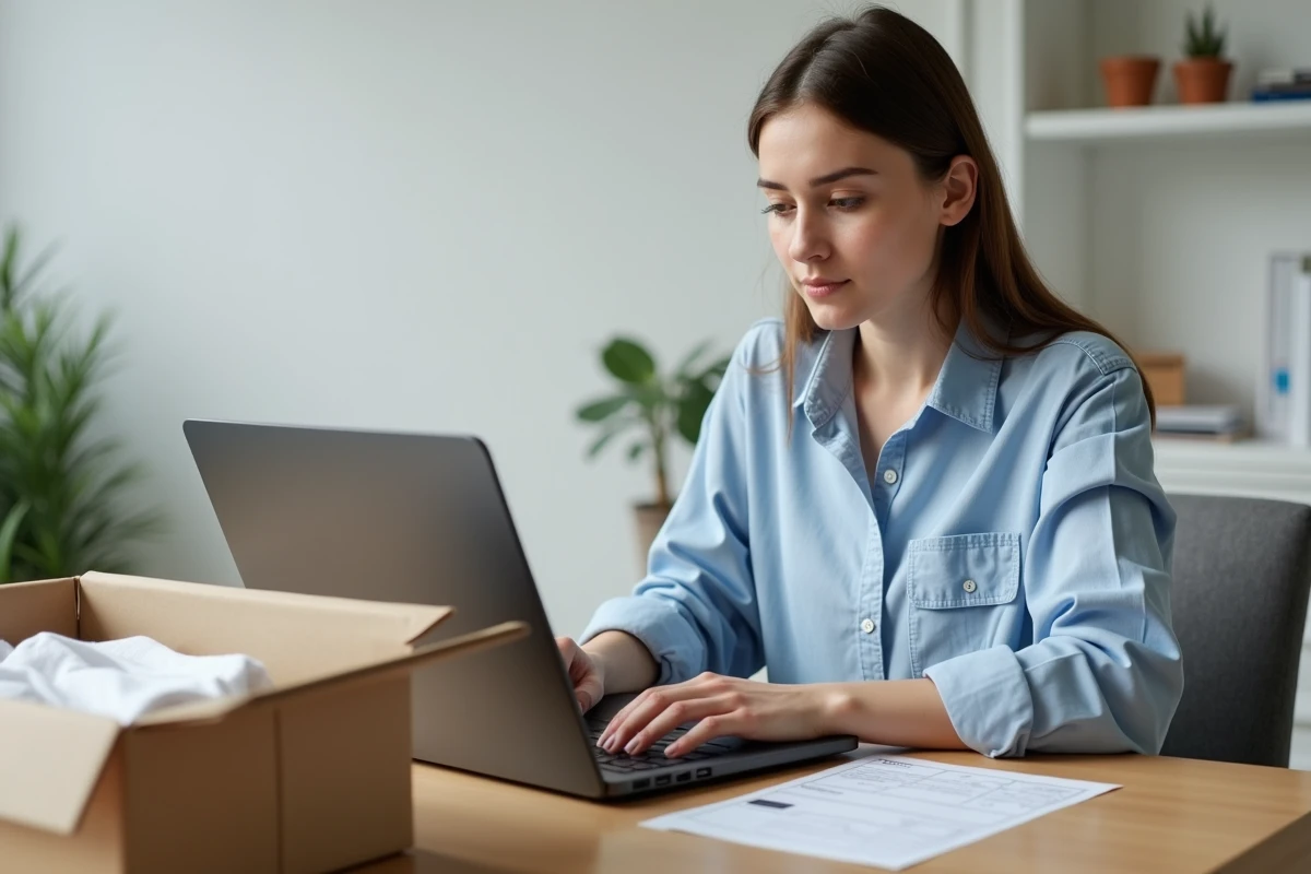 Jeune femme générant une étiquette de retour La Poste en ligne sur son ordinateur portable à son bureau