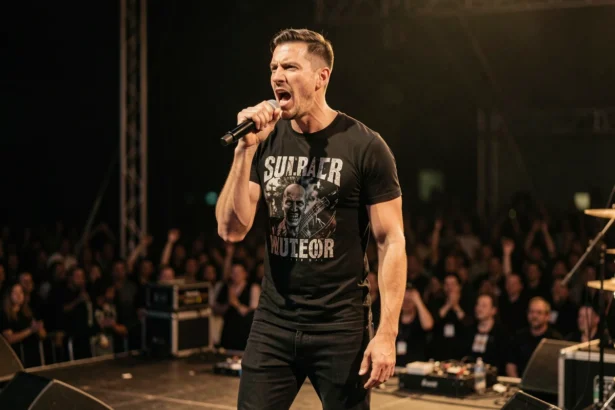 Chanteur de rock sur scène tenant un microphone lors d'un grand concert, représentant le style de performance de Dan Reynolds d'Imagine Dragons
