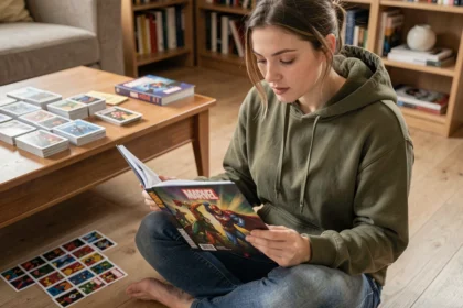 Jeune femme débutante en collection examinant l'album Marvel Leclerc 2026 assis sur un parquet en bois dans un appartement cosy