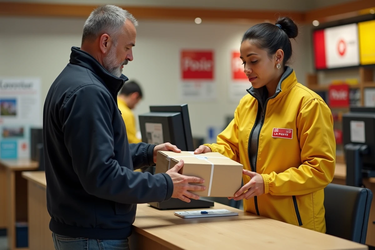 Client remettant un colis de retour à un employé de La Poste au comptoir d'un bureau de poste