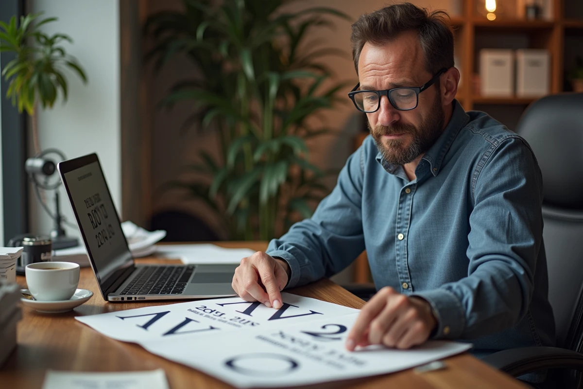 Designer graphique analysant des maquettes de faire-part avec des dates en chiffres romains dans un bureau moderne