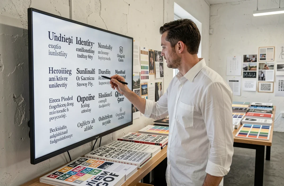 Designer graphique présentant des associations de polices professionnelles sur un écran interactif dans un studio de création
