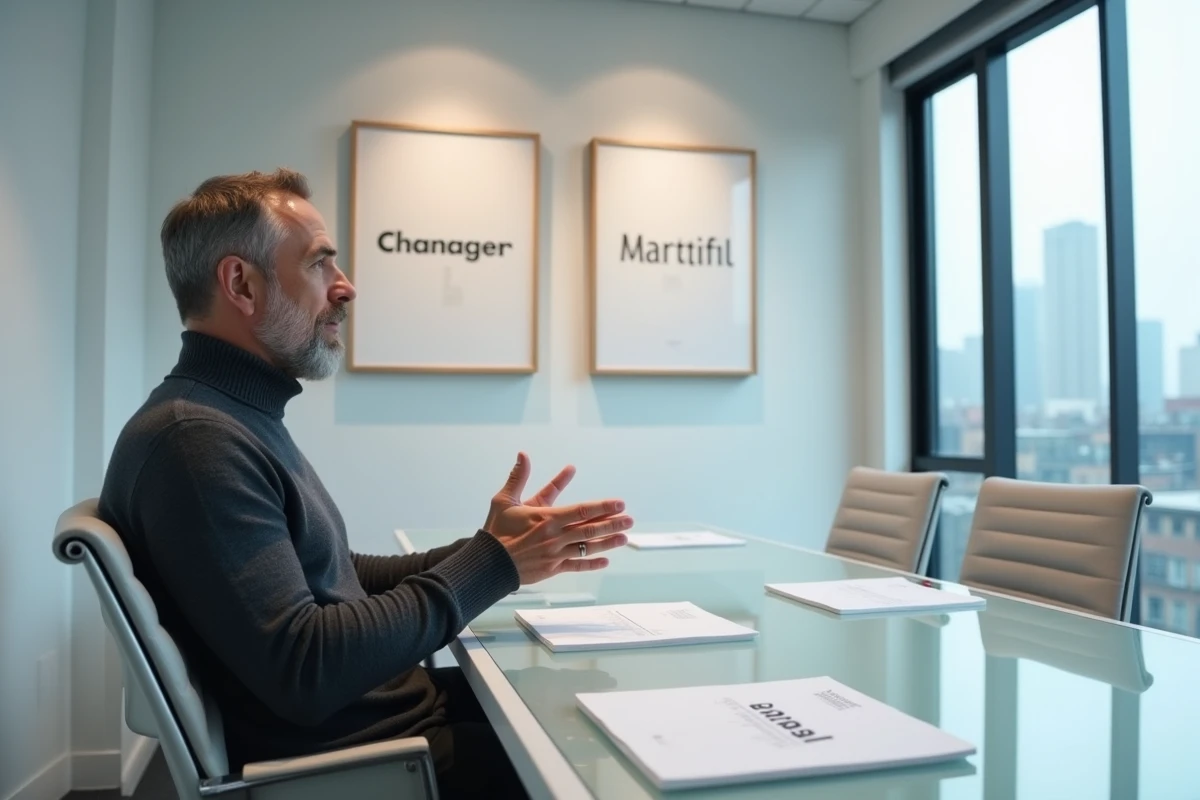 Directeur artistique présentant deux identités visuelles aux typographies serif et sans-serif en salle de réunion