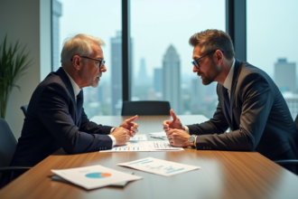 Homme et femme en réunion d'affaires avec graphiques économiques