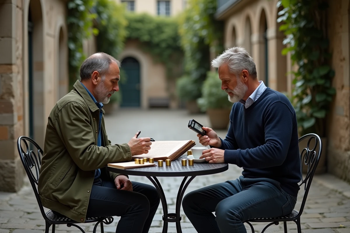 Deux collectionneurs échangeant des capsules de champagne en plein air autour d'un binder de collection à la terrasse d'un bistrot