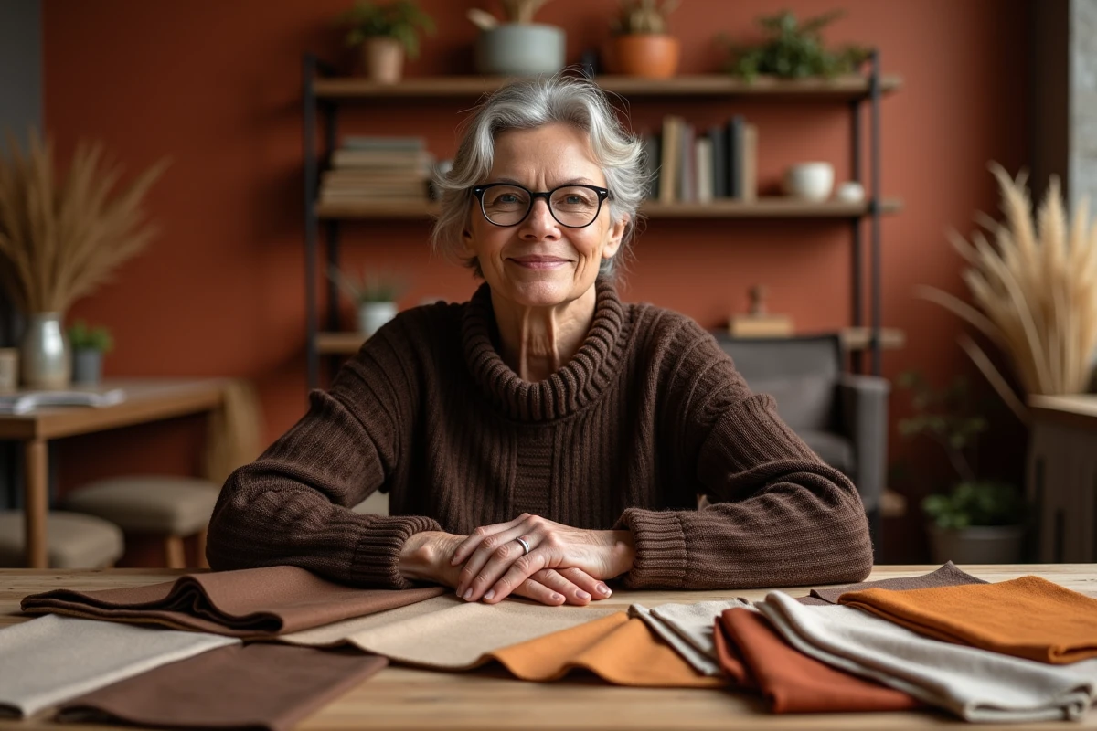Designer d'intérieur arrangeant des échantillons de tissu marron et terracotta pour une palette de couleurs automnale