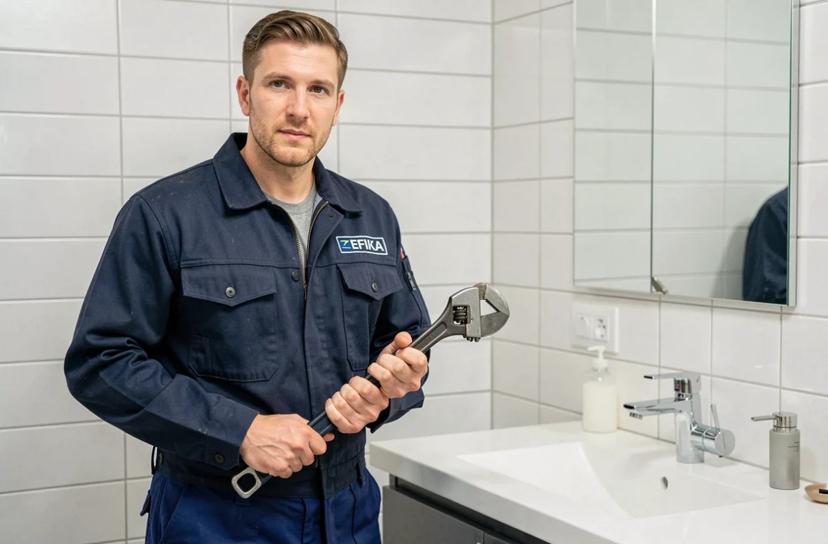 Technicien EFIKA Plombier en intervention dans une salle de bain en Haute-Savoie