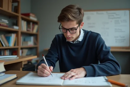 Jeune homme concentré en train de résoudre un calcul de champ électrique