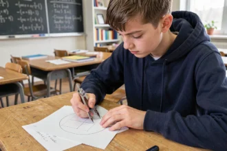Élève dessinant un cercle au compas sur du papier quadrillé avec la formule du périmètre écrite à la main