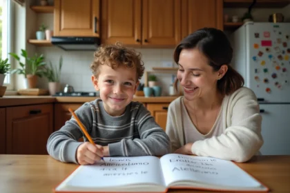 Garçon de 8 ans écrit 'Appellemoi' avec sa mère dans la cuisine chaleureuse