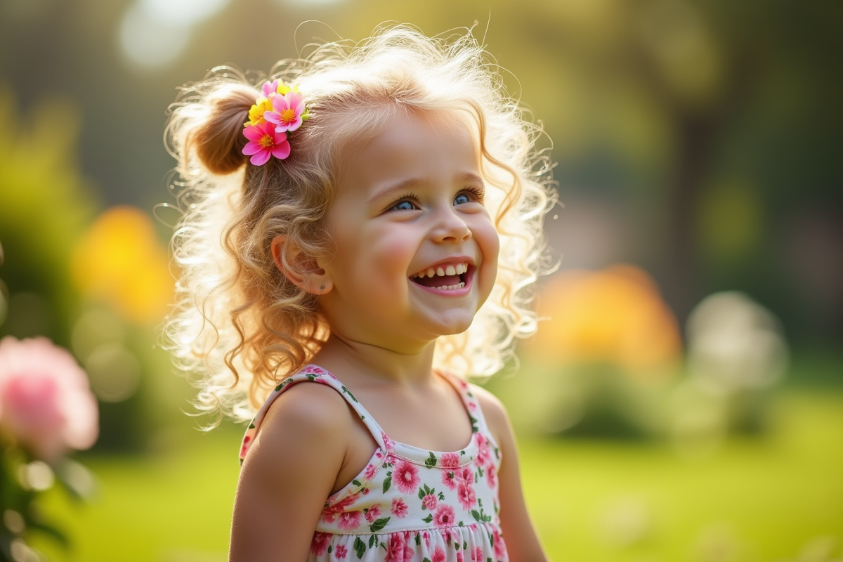Petite fille aux cheveux bouclés et fleurs dans les cheveux dans un jardin ensoleille