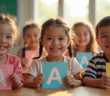 Groupe d'enfants souriants dans une classe lumineuse avec cartes nommées A