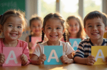Groupe d'enfants souriants dans une classe lumineuse avec cartes nommées A