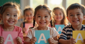 Groupe d'enfants souriants dans une classe lumineuse avec cartes nommées A