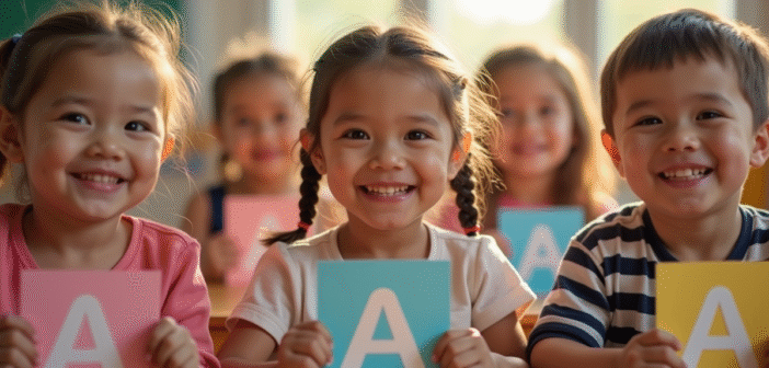 Groupe d'enfants souriants dans une classe lumineuse avec cartes nommées A