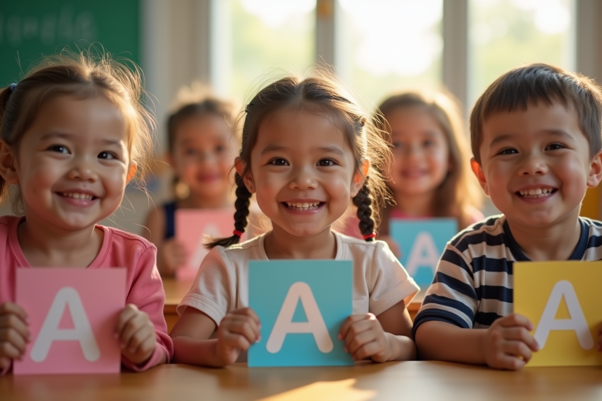 Groupe d'enfants souriants dans une classe lumineuse avec cartes nommées A