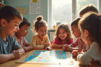 Groupe d'enfants jouant à un jeu éducatif en classe lumineuse