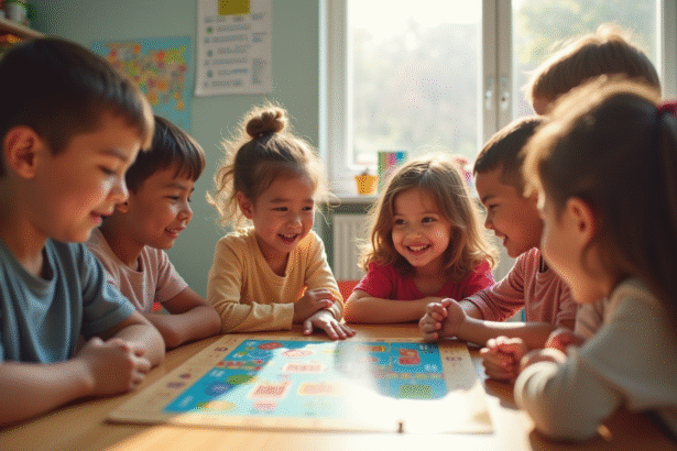 Groupe d'enfants jouant à un jeu éducatif en classe lumineuse
