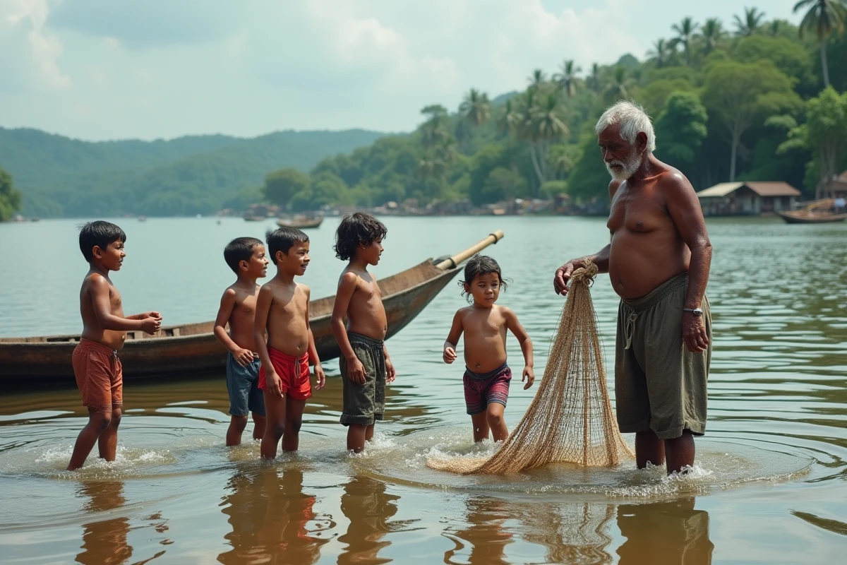Enfants et pêcheur au bord de la rivière dans un village