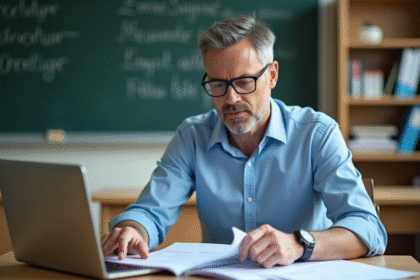 Professeur en classe examinant des essais d'étudiants