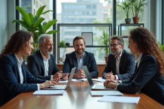 Groupe de professionnels en réunion autour d'une table moderne