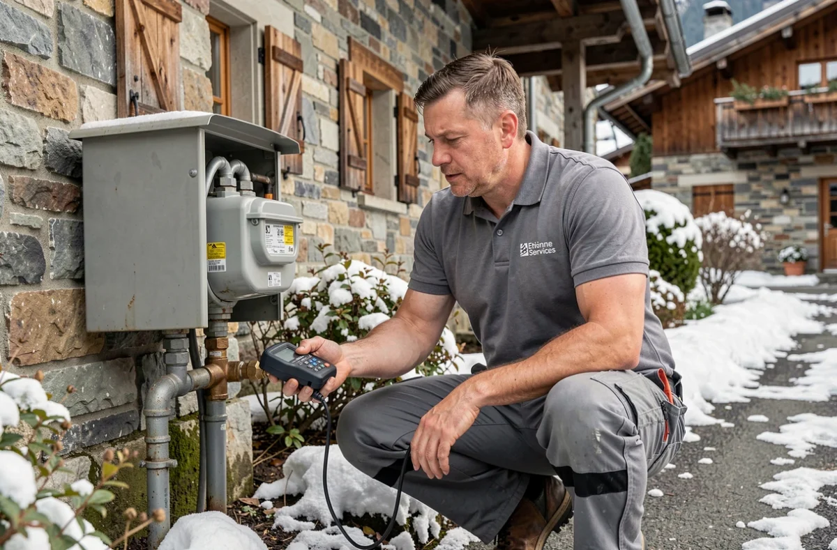 Plombier Etienne Services inspectant un compteur d'eau dans un village de Haute-Savoie