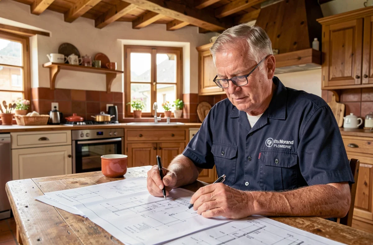 Plombier Ets Morand Plomberie étudiant des schémas techniques dans une ferme de Haute-Savoie