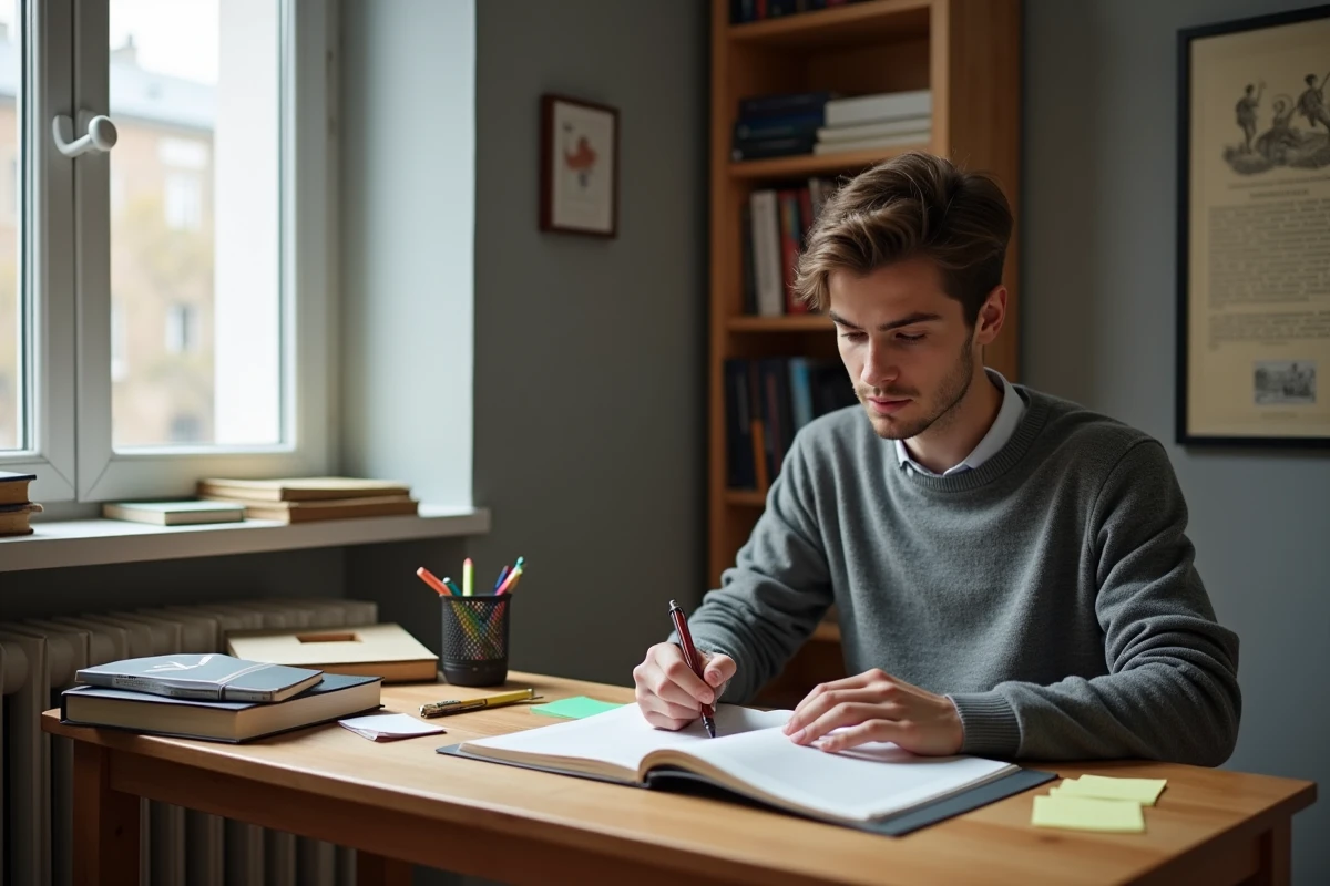 Étudiant adulte annotant un livre d'histoire de France dans sa chambre universitaire avec des marque-pages