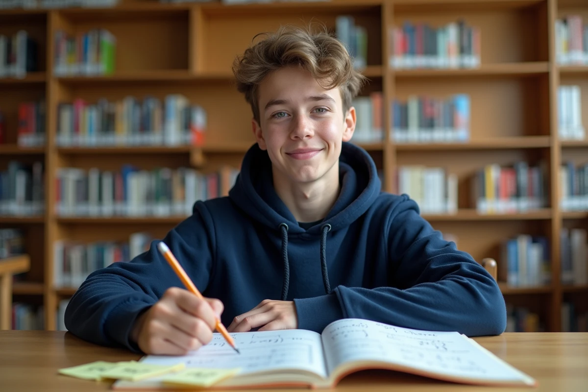 Étudiant révisant la formule de conversion des mètres carrés en centimètres carrés dans une bibliothèque scolaire