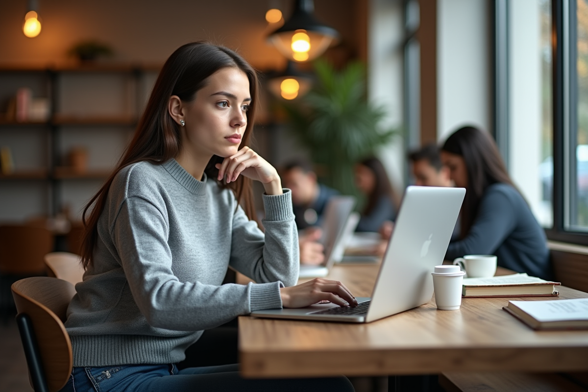 Jeune femme étudiant sur un ordinateur portable dans un café