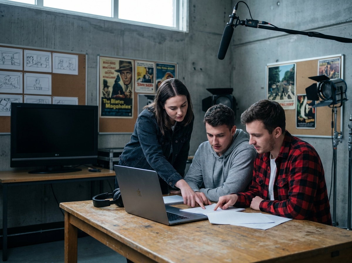 Étudiants en cinéma collaborant autour d'un script dans un studio de formation audiovisuelle à Montpellier