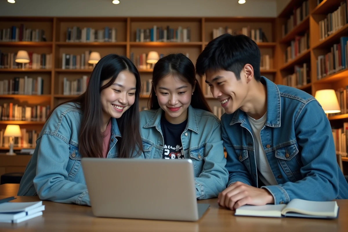 Groupe d'étudiants découvrant ensemble des tendances manga yaoi sur un ordinateur portable en bibliothèque universitaire