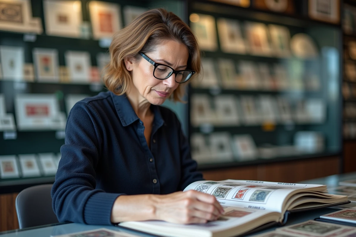 Experte en philatélie évaluant une collection de timbres dans une boutique spécialisée