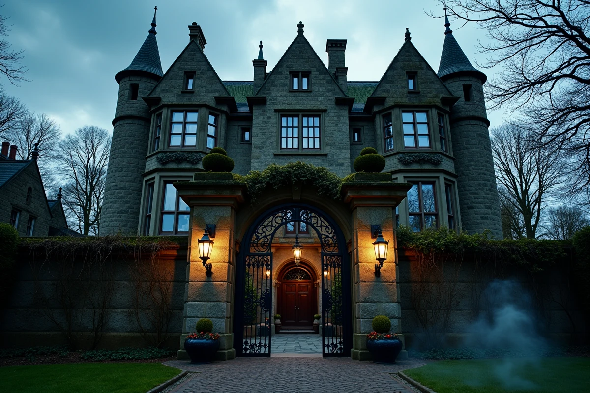 Façade gothique d'un manoir hanté avec file d'attente de visiteurs à l'entrée pour un parcours de frayeur immersif en 2026
