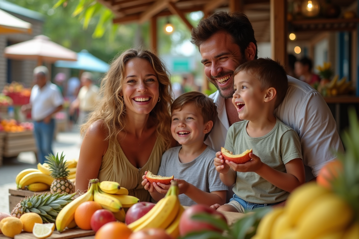 Famille heureuse dans un marché tropical en Martinique