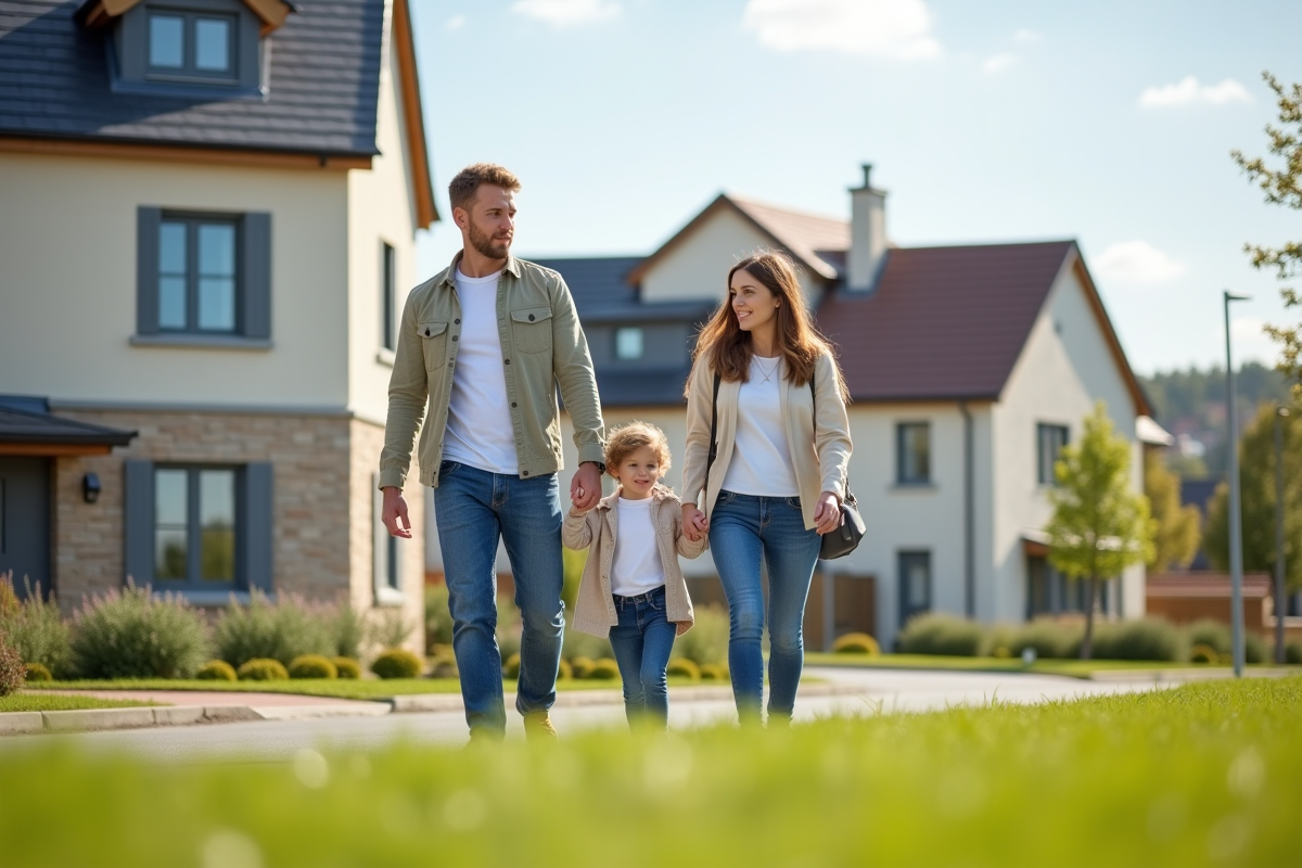 Famille dans un quartier résidentiel près de Lyon en promenade